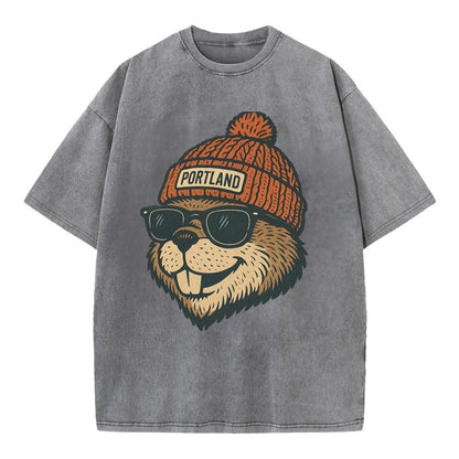 Oregon Beaver wearing Portland beanie with pom pom and wayfarer sunglasses - Vintage T-shirt - Grey