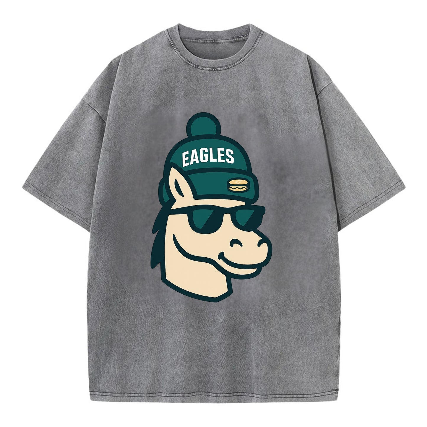 Philadelphia Horse wearing Eagles beanie with cheesesteak patch and wayfarer - Vintage T-shirt - Grey