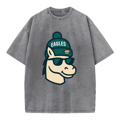 Philadelphia Horse wearing Eagles beanie with cheesesteak patch and wayfarer - Vintage T-shirt - Grey