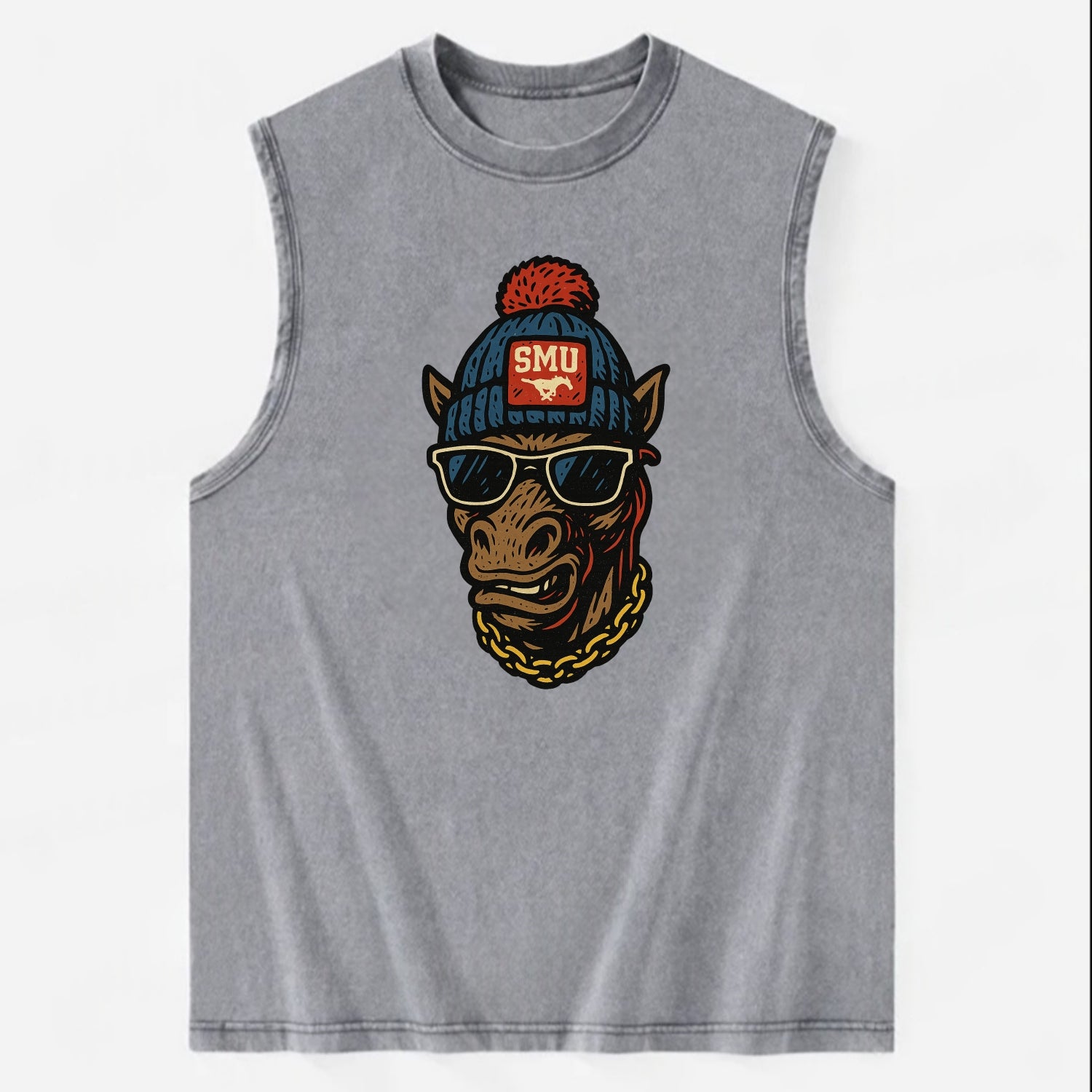 Dallas Mustang wearing SMU beanie with pony patch - Vintage Washed Tank - Grey
