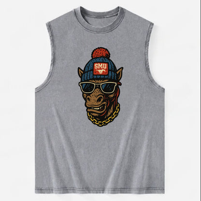 Dallas Mustang wearing SMU beanie with pony patch - Vintage Washed Tank - Grey
