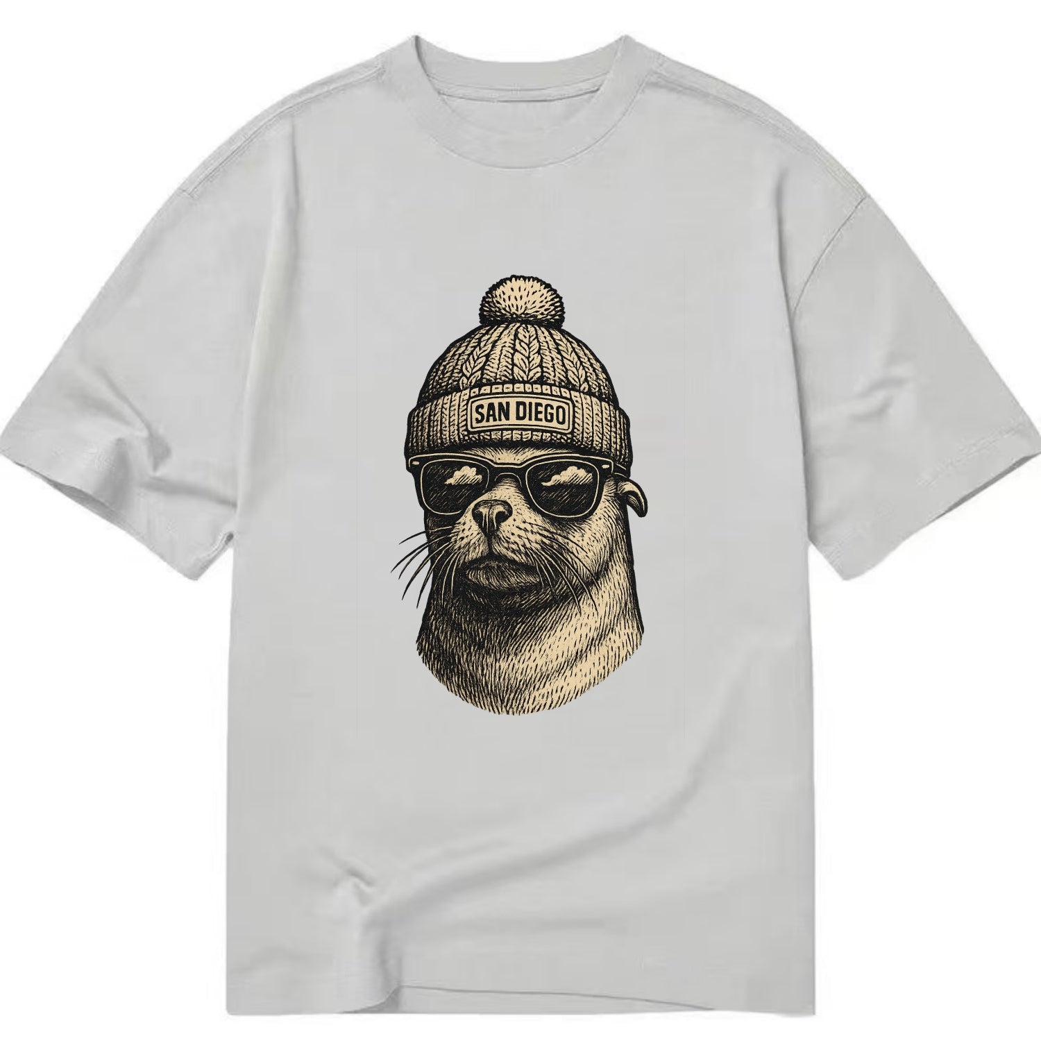 San Diego Sea Lion wearing San Diego beanie with pom pom and wayfarer sunglasses - Classic T-shirt - Grey
