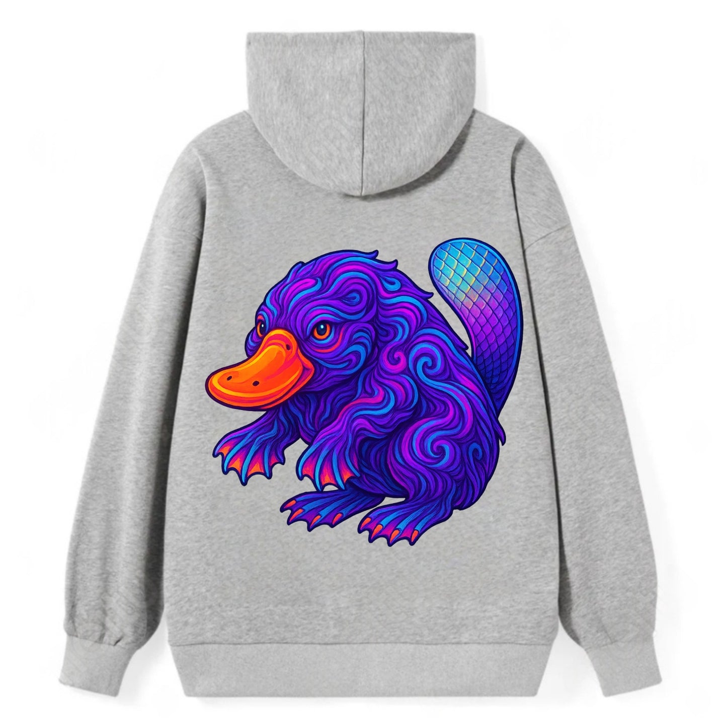 Quirky platypus with bill glowing in neon orange, beaver tail with - Classic Pullover Hoodie - Grey
