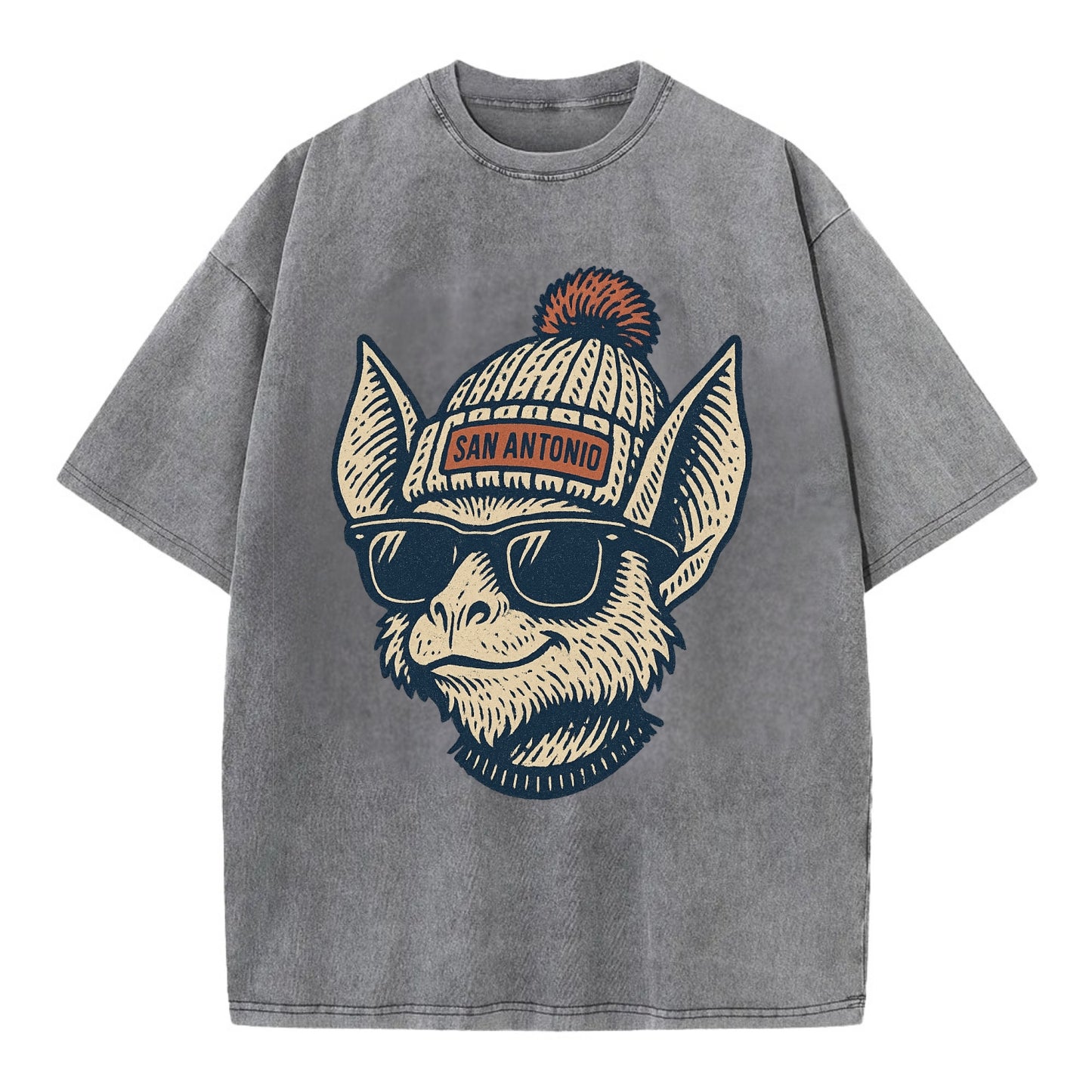 San Antonio Bat wearing San Antonio beanie with pom pom and wayfarer sunglasses - Vintage T-shirt - Grey