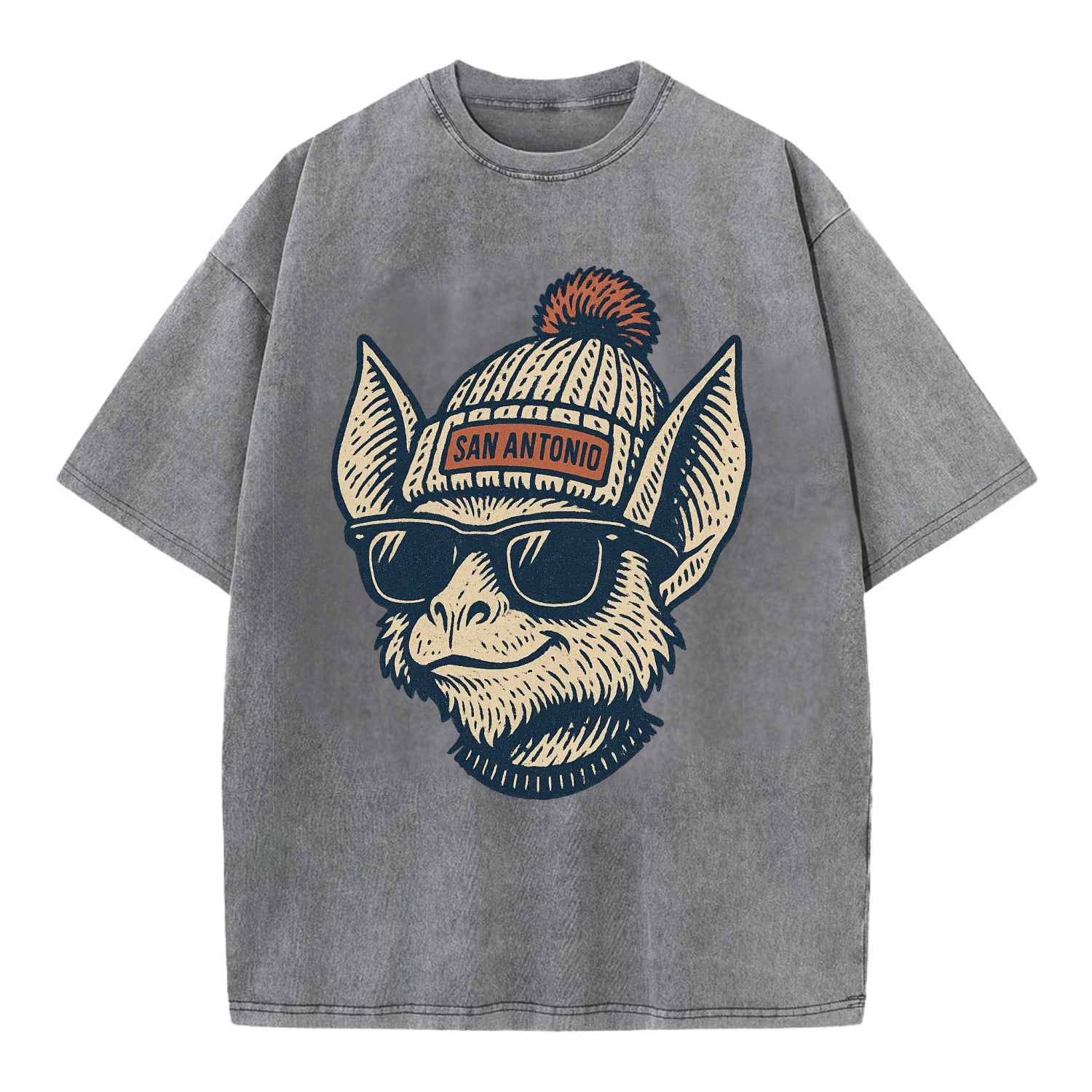San Antonio Bat wearing San Antonio beanie with pom pom and wayfarer sunglasses - Vintage T-shirt - Grey