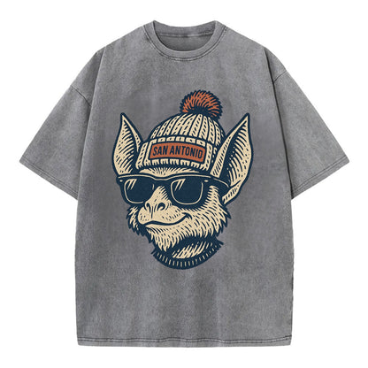 San Antonio Bat wearing San Antonio beanie with pom pom and wayfarer sunglasses - Vintage T-shirt - Grey