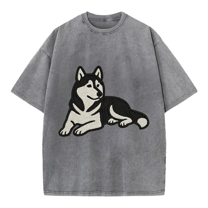 Siberian Husky - Black and white relaxed Vintage T-shirt - Grey