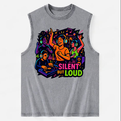 Silent disco dancers with glowing headphones - "Silent But Loud" - unique - Vintage Washed Tank - Grey
