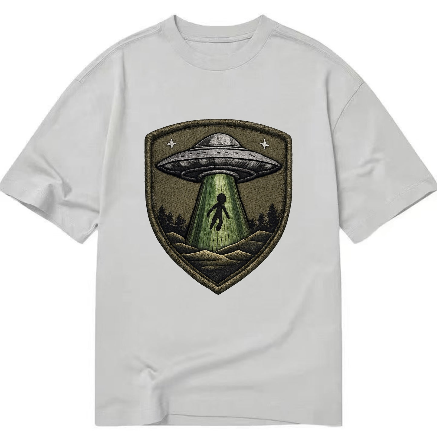 UFO ALIEN - flying saucer with beam in silver and green , extraterrestrial - Classic T-shirt - Grey