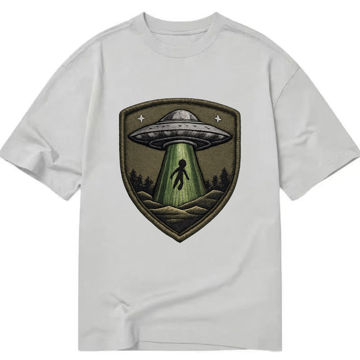 UFO ALIEN - flying saucer with beam in silver and green , extraterrestrial - Classic T-shirt - Grey