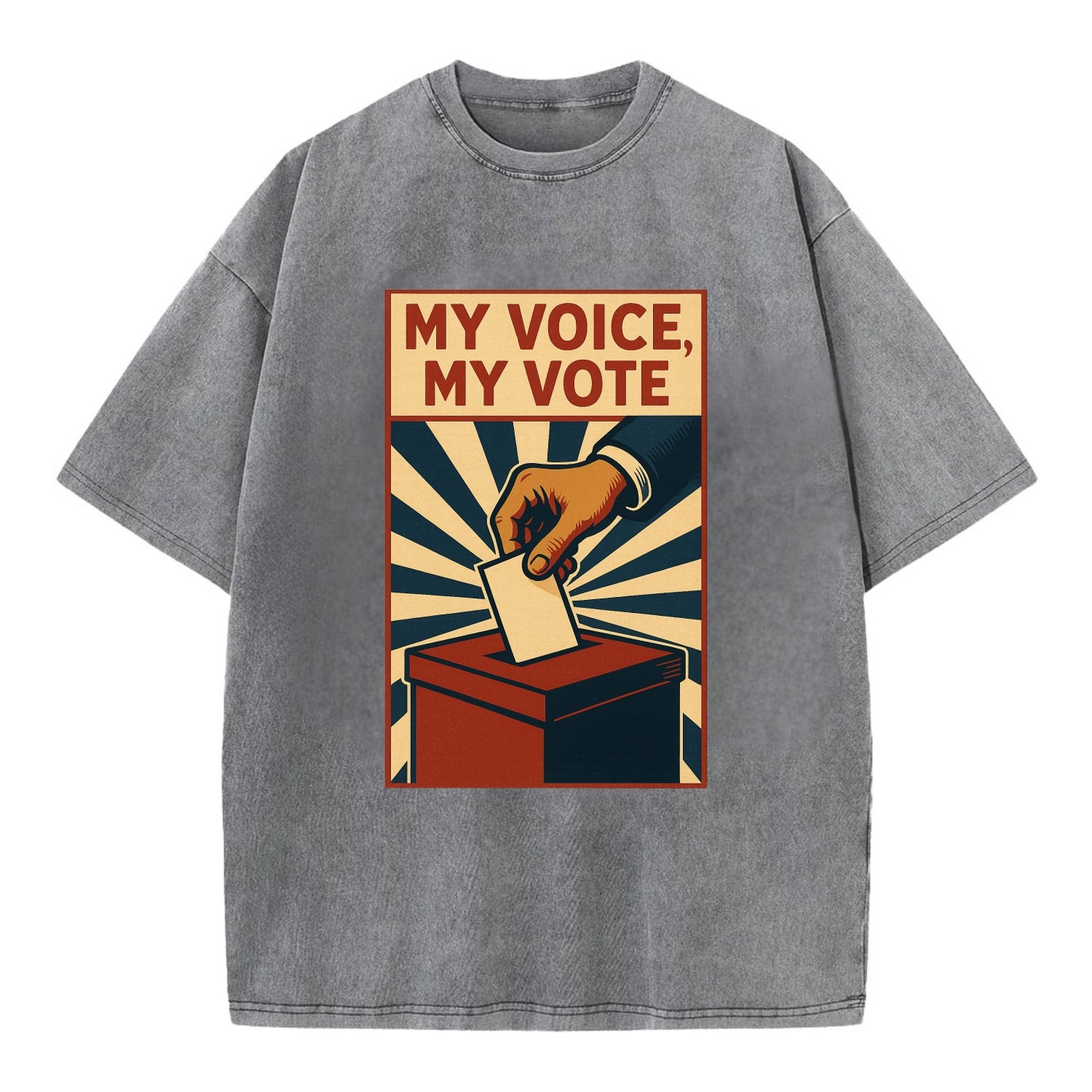 Hand dropping ballot into box with determination - "My Voice, My Vote" - - Vintage T-shirt - Grey