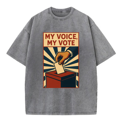 Hand dropping ballot into box with determination - "My Voice, My Vote" - - Vintage T-shirt - Grey