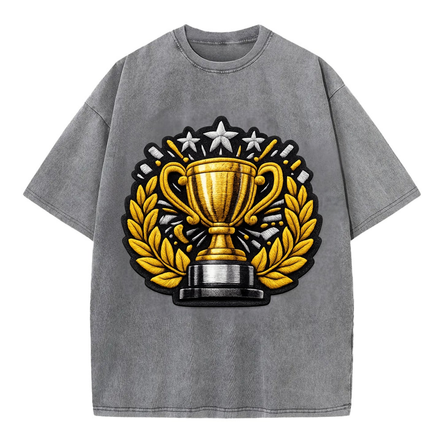 Embroidered patch design - CHAMPIONSHIP TROPHY - golden trophy cup with laurels - Vintage T-shirt - Grey