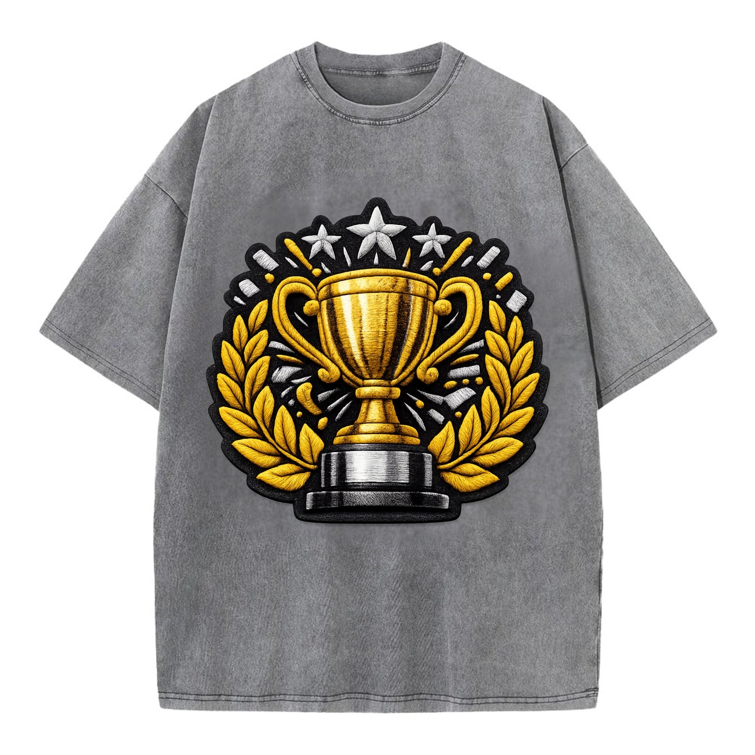 Embroidered patch design - CHAMPIONSHIP TROPHY - golden trophy cup with laurels - Vintage T-shirt - Grey