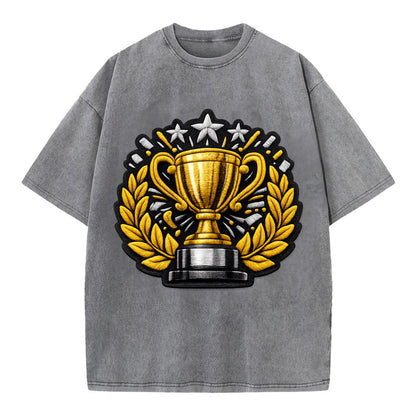 Embroidered patch design - CHAMPIONSHIP TROPHY - golden trophy cup with laurels - Vintage T-shirt - Grey