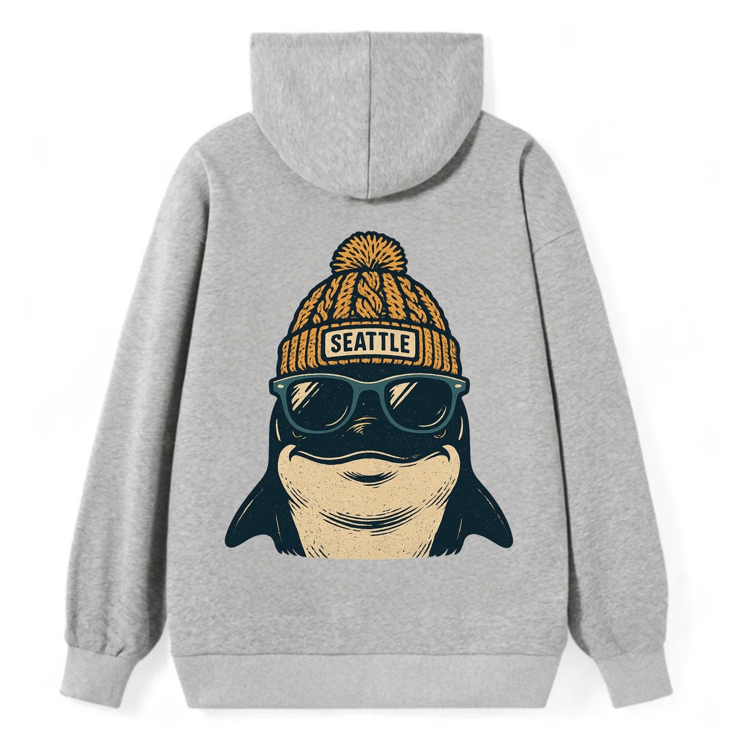 Seattle Orca wearing Seattle beanie with pom pom and wayfarer sunglasses - Classic Pullover Hoodie - Grey