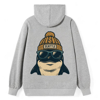 Seattle Orca wearing Seattle beanie with pom pom and wayfarer sunglasses - Classic Pullover Hoodie - Grey