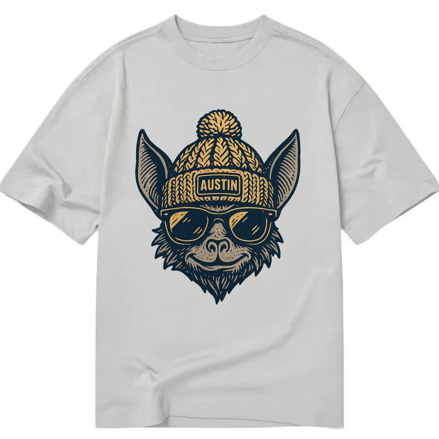 Austin Bat wearing Austin beanie with pom pom and wayfarer sunglasses - Classic T-shirt - Grey