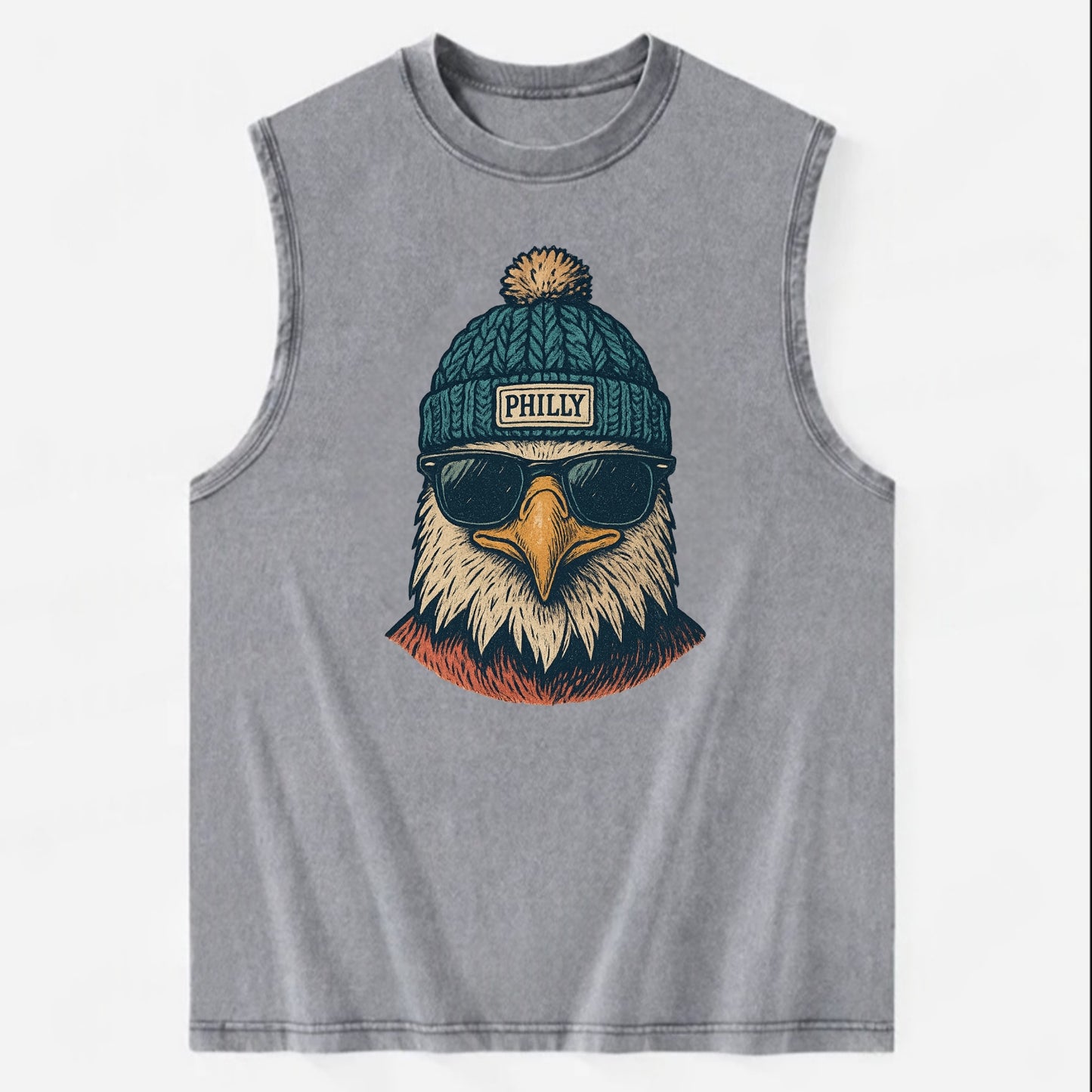 Philadelphia Eagle wearing Philly beanie with pom pom and wayfarer sunglasses - Vintage Washed Tank - Grey