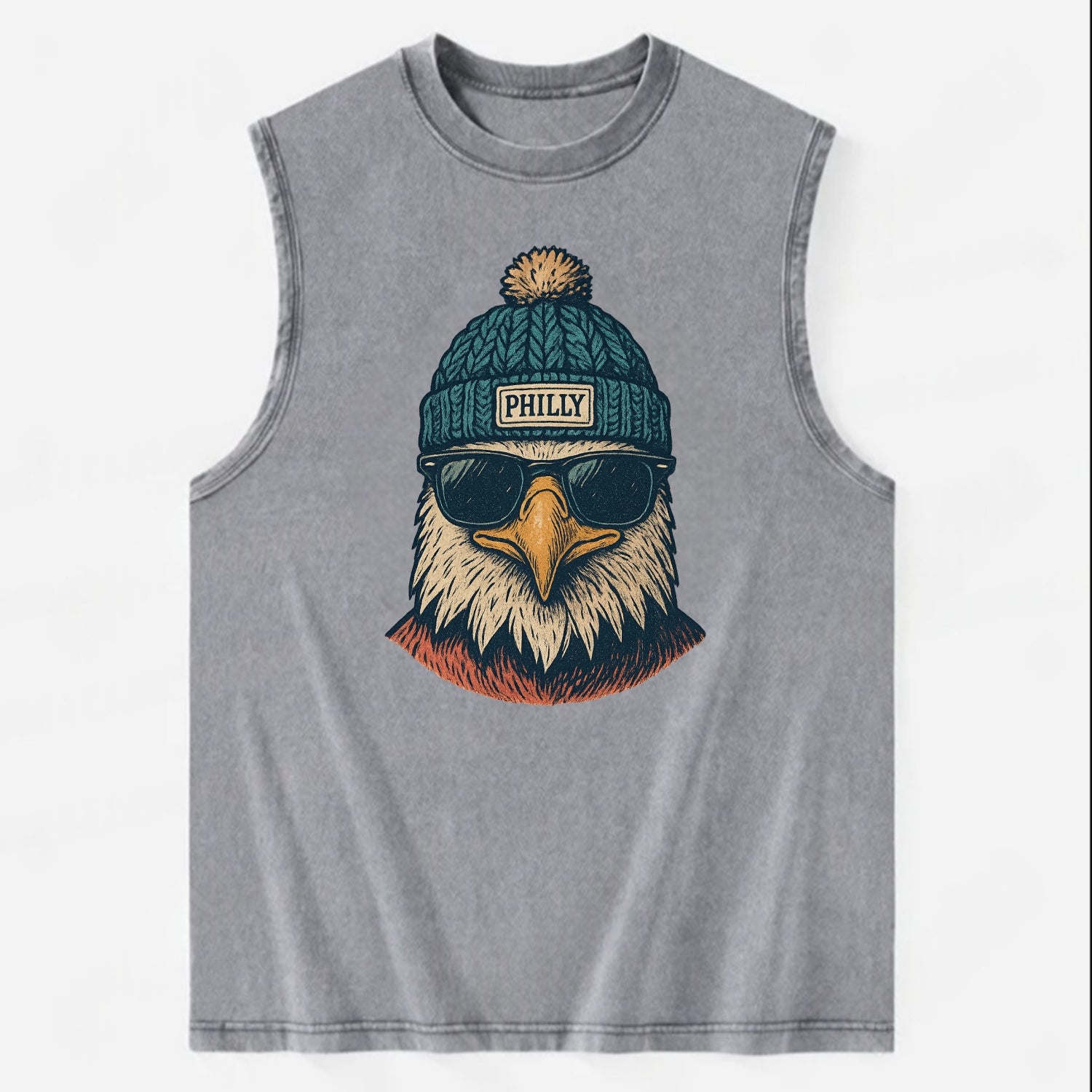 Philadelphia Eagle wearing Philly beanie with pom pom and wayfarer sunglasses - Vintage Washed Tank - Grey