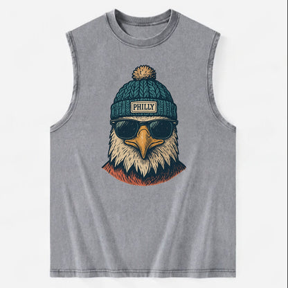 Philadelphia Eagle wearing Philly beanie with pom pom and wayfarer sunglasses - Vintage Washed Tank - Grey