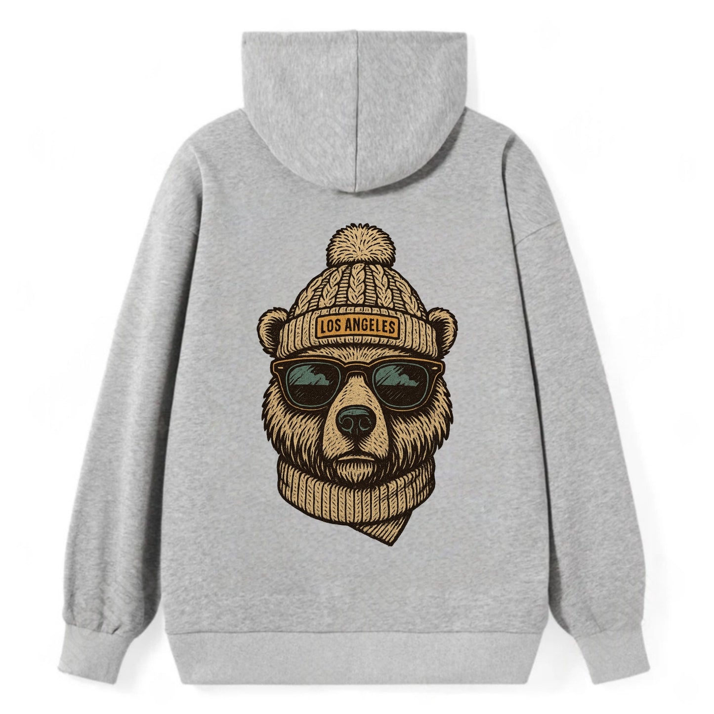 California Grizzly Bear wearing Los Angeles beanie with pom pom and - Classic Pullover Hoodie - Grey