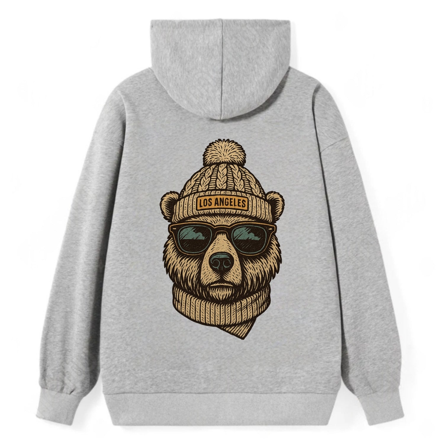 California Grizzly Bear wearing Los Angeles beanie with pom pom and - Classic Pullover Hoodie - Grey
