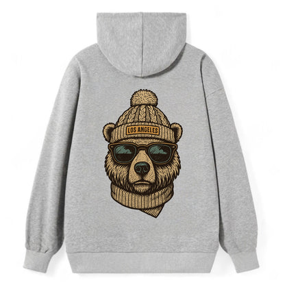 California Grizzly Bear wearing Los Angeles beanie with pom pom and - Classic Pullover Hoodie - Grey