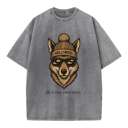 LA Coyote wearing Hollywood beanie with pom pom and wayfarer sunglasses - Vintage T-shirt - Grey