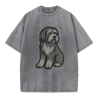 Bearded Collie - Gray shaggy coat embroidered pose - Vintage T-shirt - Grey