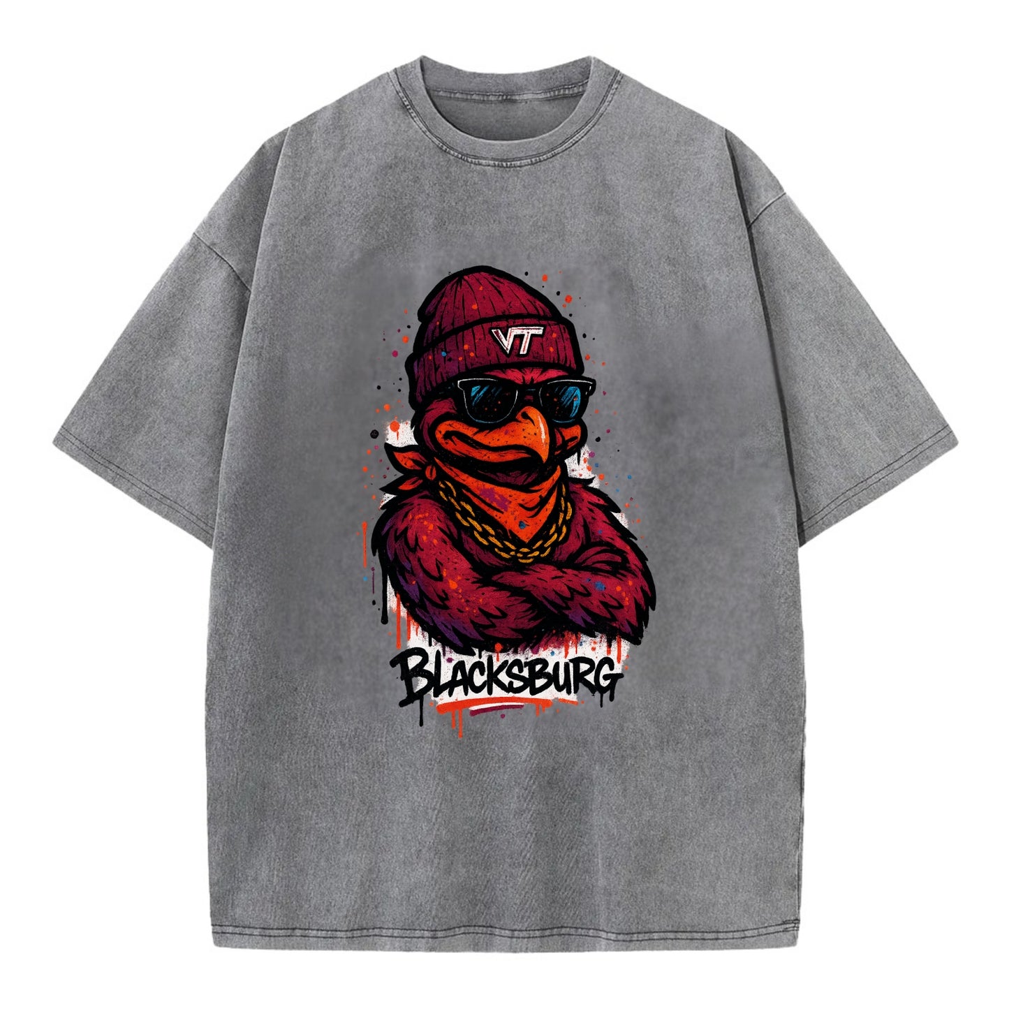 Blacksburg HokieBird wearing Virginia Tech beanie with VT patch - Vintage T-shirt - Grey