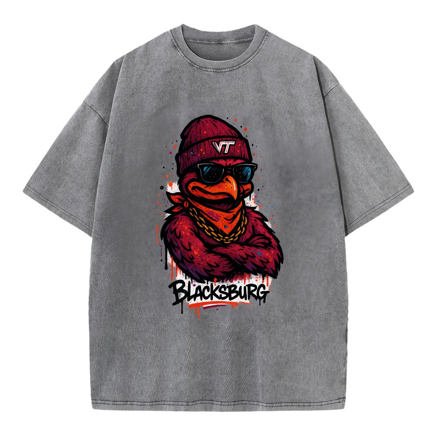 Blacksburg HokieBird wearing Virginia Tech beanie with VT patch - Vintage T-shirt - Grey