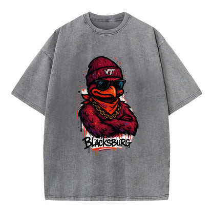 Blacksburg HokieBird wearing Virginia Tech beanie with VT patch - Vintage T-shirt - Grey