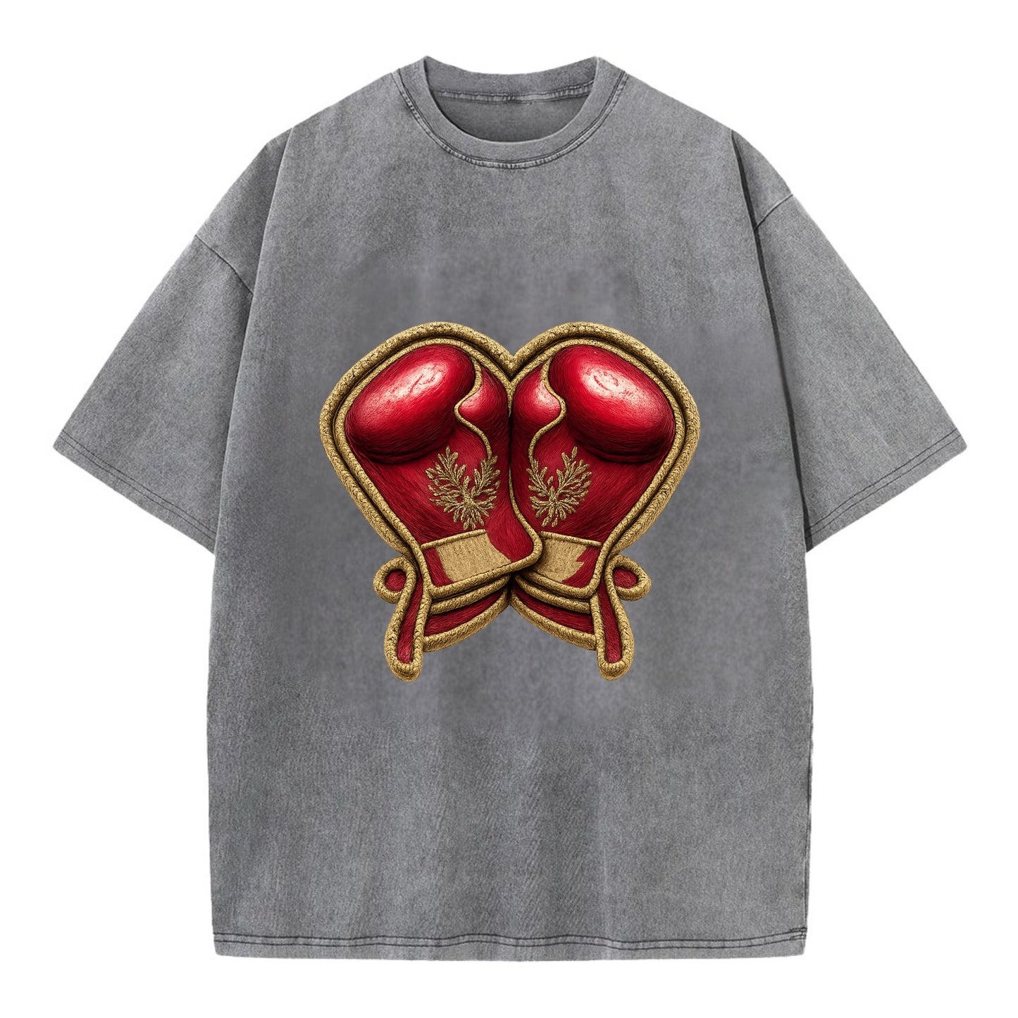 Embroidered patch design - BOXING GLOVES - red boxing gloves crossed in crimson - Vintage T-shirt - Grey