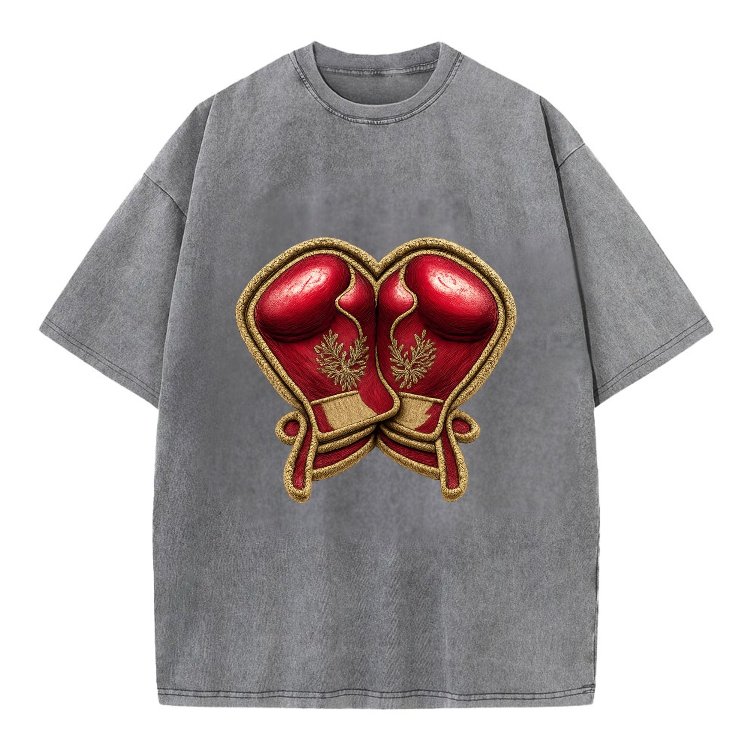 Embroidered patch design - BOXING GLOVES - red boxing gloves crossed in crimson - Vintage T-shirt - Grey