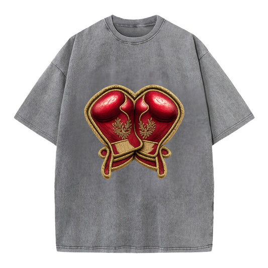 Embroidered patch design - BOXING GLOVES - red boxing gloves crossed in crimson - Vintage T-shirt - Grey