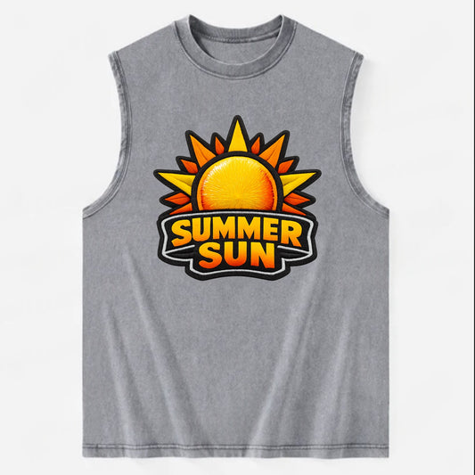 SUMMER SUN - bright sun with rays in yellow and orange , hot season - Vintage Washed Tank - Grey