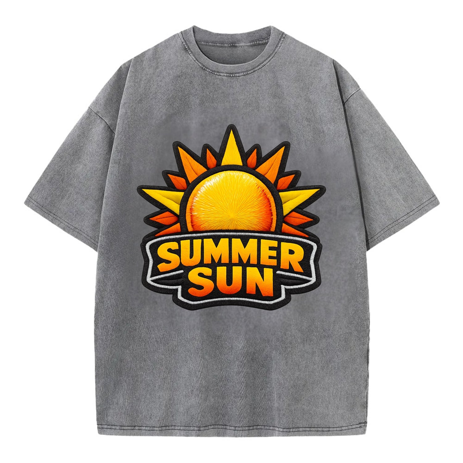 SUMMER SUN - bright sun with rays in yellow and orange , hot season - Vintage T-shirt - Grey