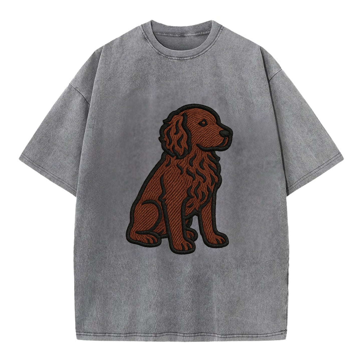 Boykin Spaniel - Rich chocolate brown wavy coat embroidered sitting pose - Vintage T-shirt - Grey