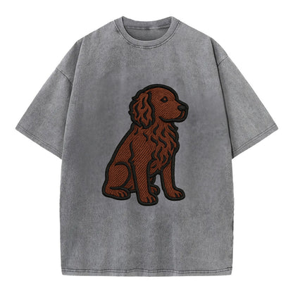 Boykin Spaniel - Rich chocolate brown wavy coat embroidered sitting pose - Vintage T-shirt - Grey