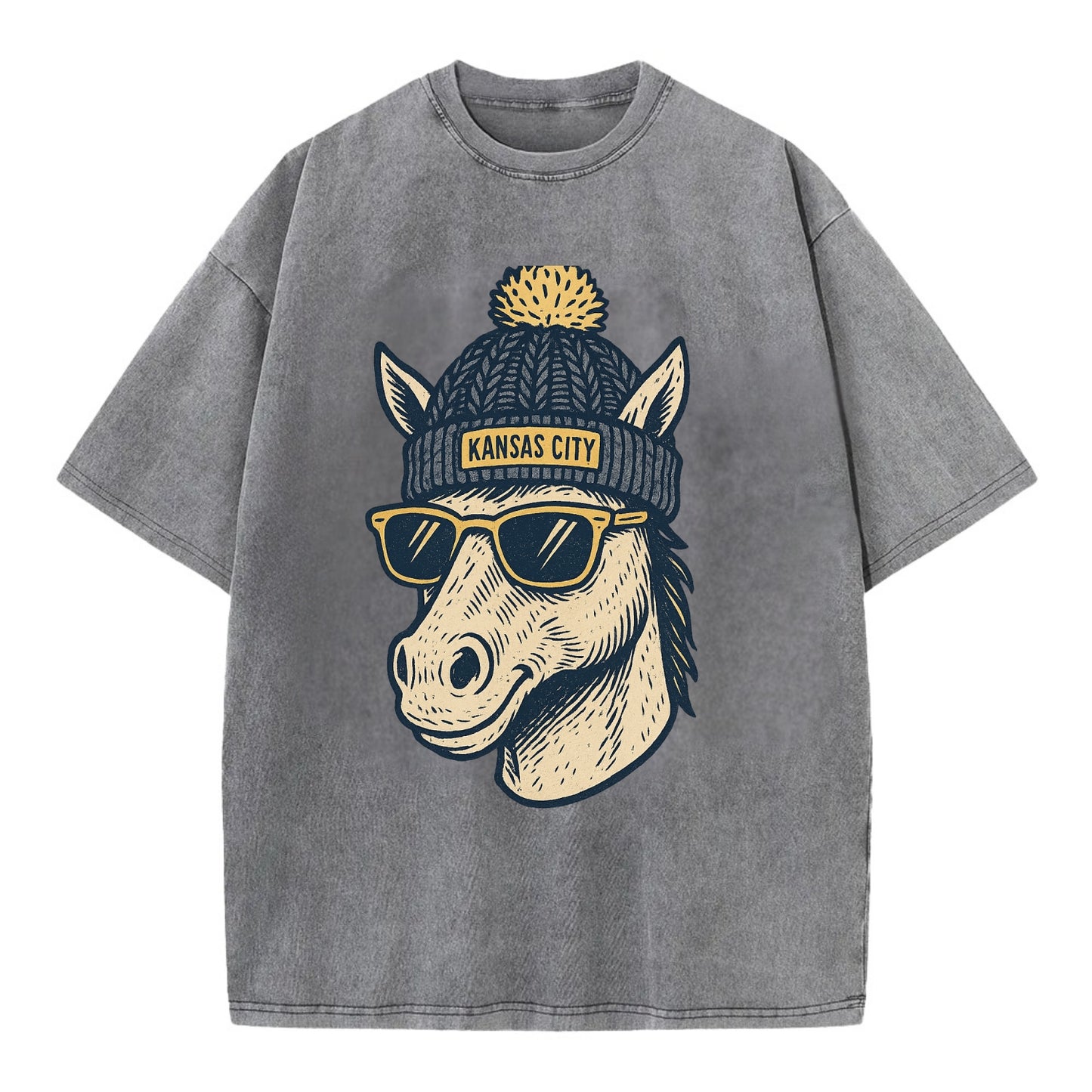 Missouri Mule wearing Kansas City beanie with pom pom and wayfarer sunglasses - Vintage T-shirt - Grey