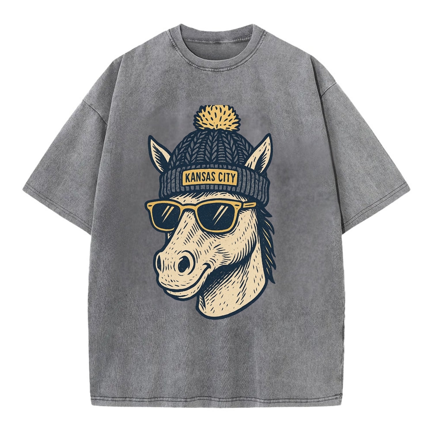 Missouri Mule wearing Kansas City beanie with pom pom and wayfarer sunglasses - Vintage T-shirt - Grey