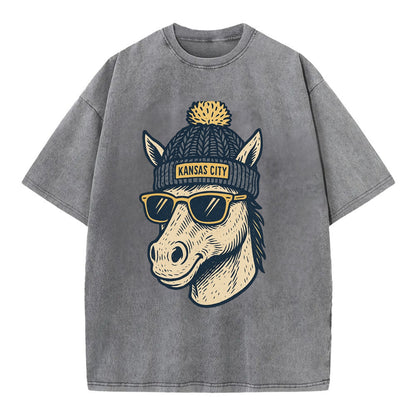 Missouri Mule wearing Kansas City beanie with pom pom and wayfarer sunglasses - Vintage T-shirt - Grey