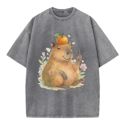 chonky capybara relaxing with orange on head, one webbed middle finger up - Vintage T-shirt - Grey