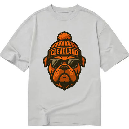 Cleveland Bulldog wearing Browns orange and brown beanie with pom pom and - Classic T-shirt - Grey