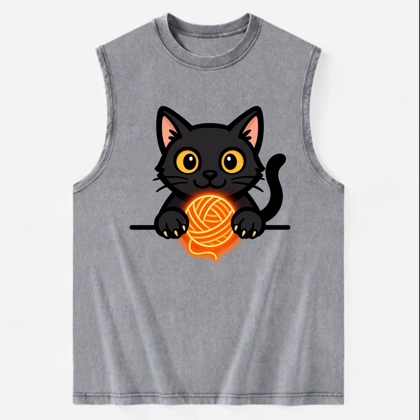 Midnight the black cat popping out of a gift box lid with ribbon trails. - Vintage Washed Tank - Grey