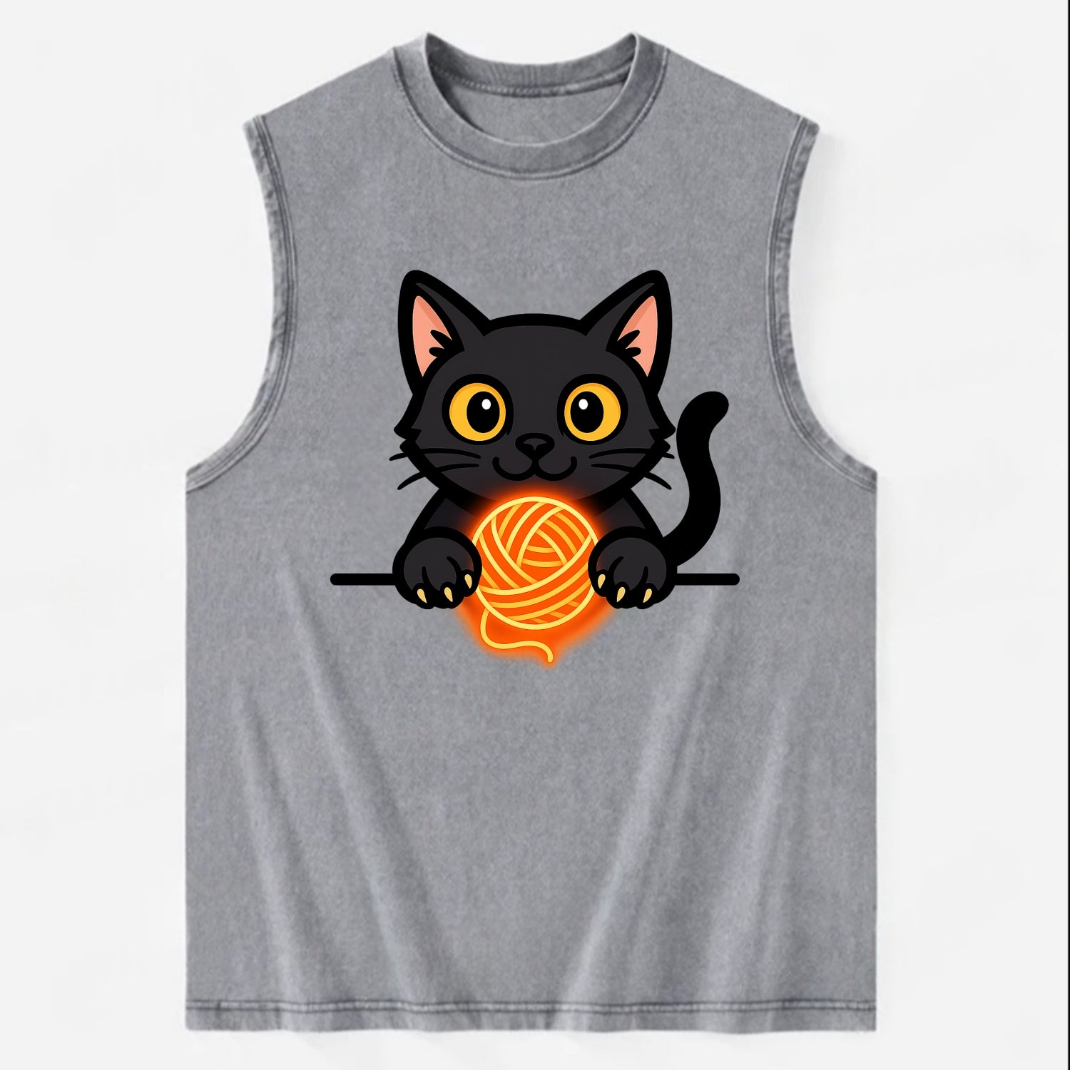 Midnight the black cat popping out of a gift box lid with ribbon trails. - Vintage Washed Tank - Grey