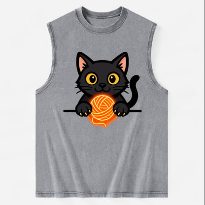 Midnight the black cat popping out of a gift box lid with ribbon trails. - Vintage Washed Tank - Grey
