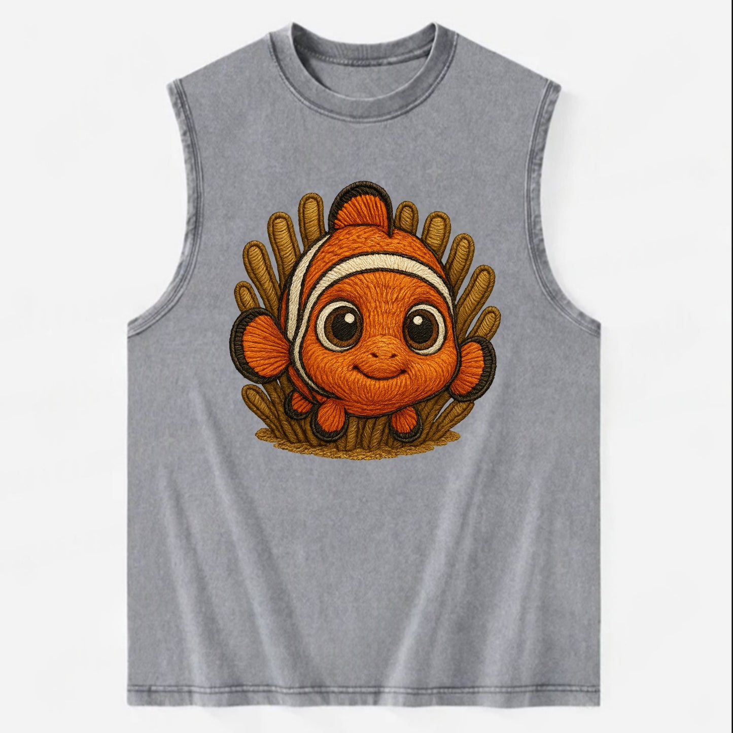 Baby Clownfish - orange with white stripes, big round eyes, front-facing in - Vintage Washed Tank - Grey