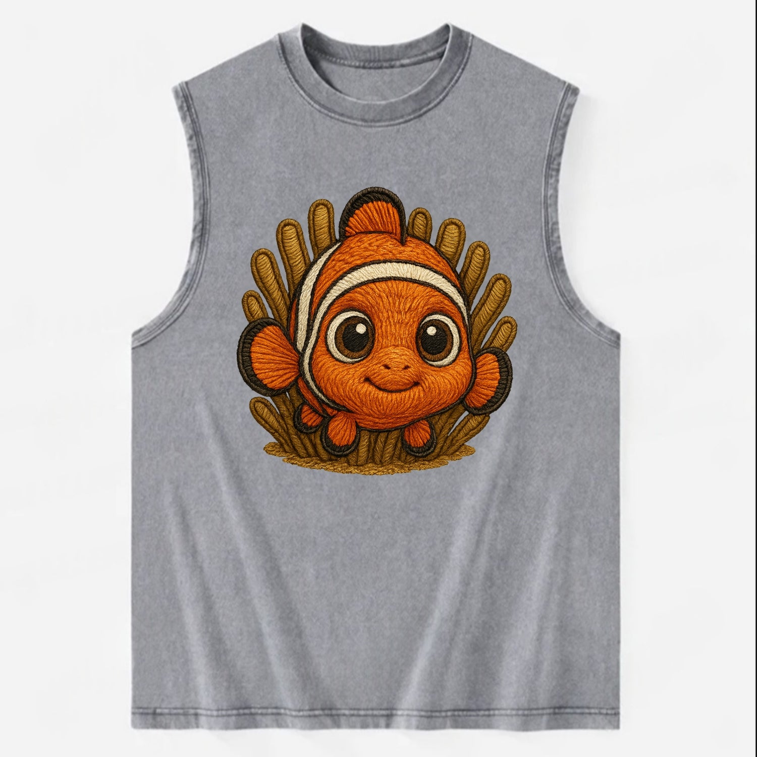 Baby Clownfish - orange with white stripes, big round eyes, front-facing in - Vintage Washed Tank - Grey